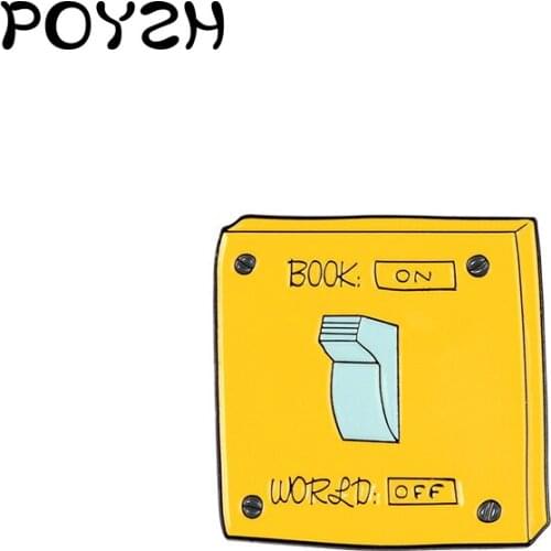 Yellow power switch Enamel Brooch Children read the world Lapel Pin Backpack Clothes Cartoon Interesting Badge Jewelry Gift