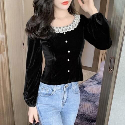 Women Blouse Autumn Winter Womens round Neck Lace Edge Pleuche Top Blusas Ropa De Mujer
