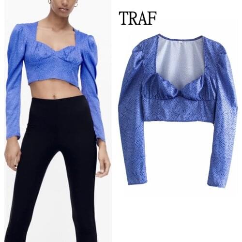 TRAF Za Top Woman Dot Print Women Shirts 2021 Summer Square Collar Long Sleeve Short Elegant Blouses Woman Sexy Crop Tops Chic