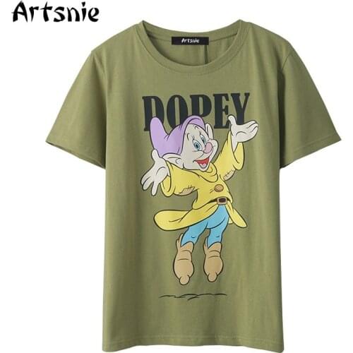 Artsnie streetwear cartoon print t shirt women summer o neck short sleeve oversized tops femme army green casual t-shirt mujer