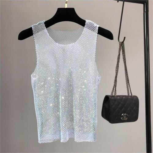 Full Bingbing Shiny Diamonds Hollow Out Basic Shirt Ladies Temperament Slim Crystal O Neck Sexy Party Club Top Sleeveless Tees