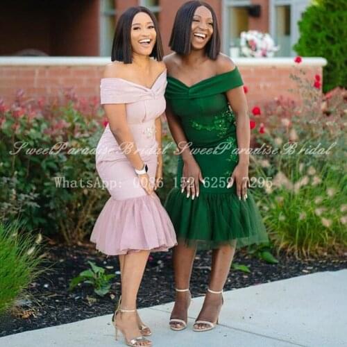 2020 Tea Length Mermaid Bridesmaid Dresses With Appliques Beads Off Shoulder African Women Wedding Party Dress Prom Vestidos