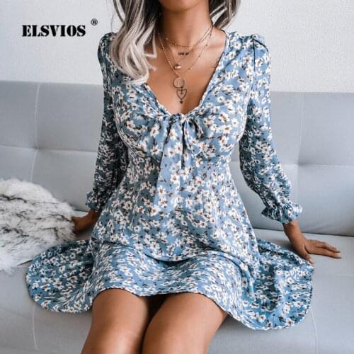 Women Spring Casual Elegant Chiffon Dress Sexy V-neck Floral Print Bow A-line Dress Fall 2021 New Fashion Ladies Dresses Vestido