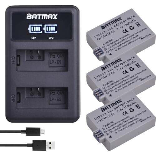 Batmax 3pcs LP-E5 LPE5 LP E5 Camera Battery+LED Dual USB Charger for Canon EOS 450D 500D 1000D Kiss X3 Kiss F Rebel Xsi