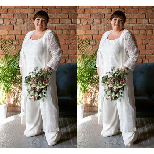 3 Piece White Lace Pant Suits Mother Of The Bride Dresses Plus Size 2020 Jumpsuit Pantsuits Evening Dress Groom Special Occasion