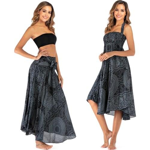 Black Skirt mandala floral flower print Thai skirt knotted plus size women halter neck jumpsuit Beach Skirts womens midi skirts