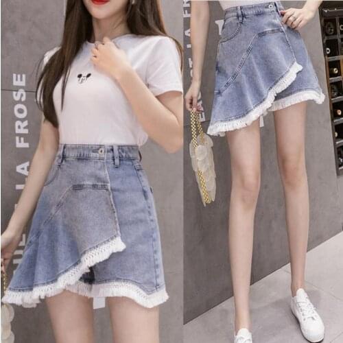 Womens jean shorts tassel frilled stitching denim short pants versatile fake two trouser skirts beveled A-word lotus skirt wome