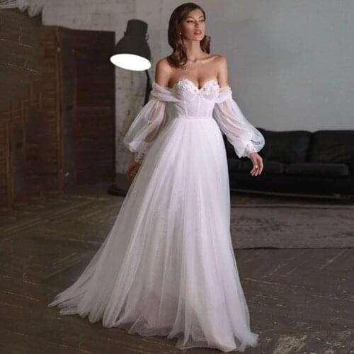 Eightree Elegant Boho Wedding Dress Puff Sleeve Long Wedding Gowns Lace Beads Vintage Bridal Dresses 2021 Robe de Mariage