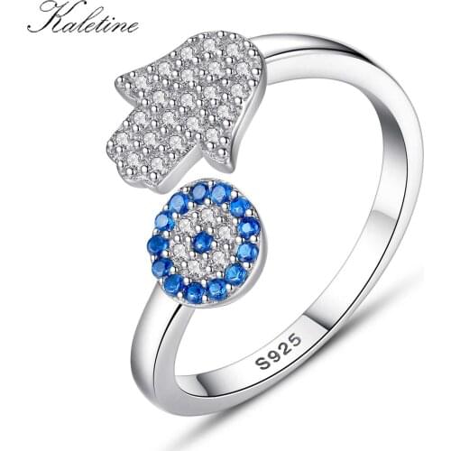 KALETINE 925 Sterling Silver Evil Eye Blue Eye Hamsa Hand Fatima Hand Adjustable Female Rings Open Size Ring Wedding Jewelry
