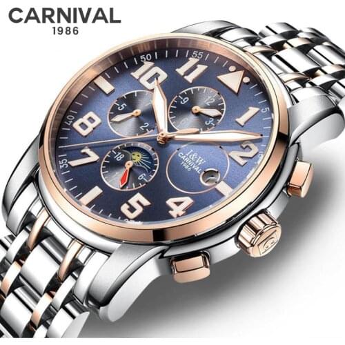 CARNIVAL Multifunctional Mens Watches Top Brand Luxury Automatic Mechanical Watch Steel Business Waterproof Sport Watches