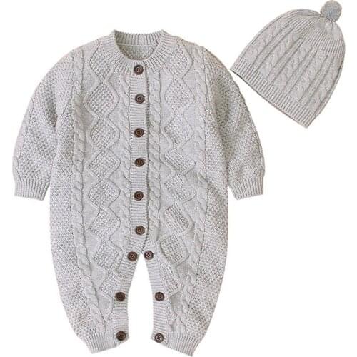 Newborn Baby Romper For Boys Cotton Knitted Baby Clothes Autumn Winter Toddler Clothes Long Sleeve Infant Jumpsuit With Hat