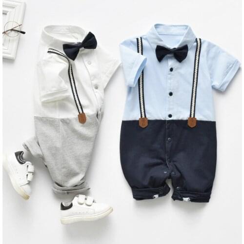 Newborn Baby Boys Gentleman Rompers Short Sleeve Bow Tie Patchwork Single Breasted Jumpsuits 2 Colors