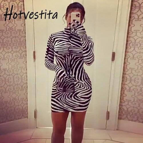 Hotvestita Fashion Zebra Print Bodycon Mini Dress 2021 Spring Autumn Woman Sexy Long Sleeve With Gloves Casual Basic Party Dress