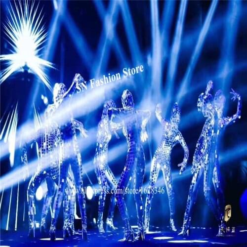 M61 Female sexy dj wears mirrors bodysuit singer dance costumes bar performance club dress clothe silver mirror jumpsuit outfits