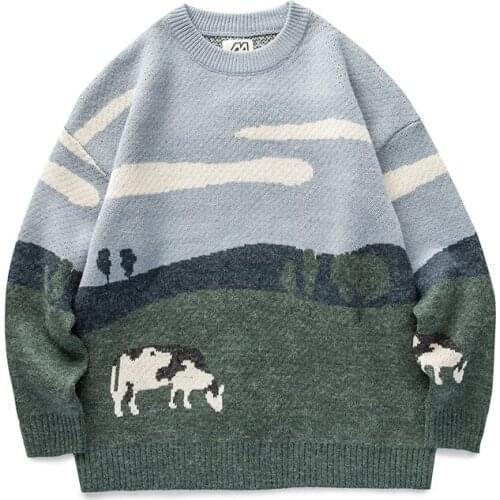 Korean fashion Men Cows Vintage Winter Sweaters 2021 Pullover Mens O-Neck Korean Fashions Sweater Women Casual Harajuku Clothes