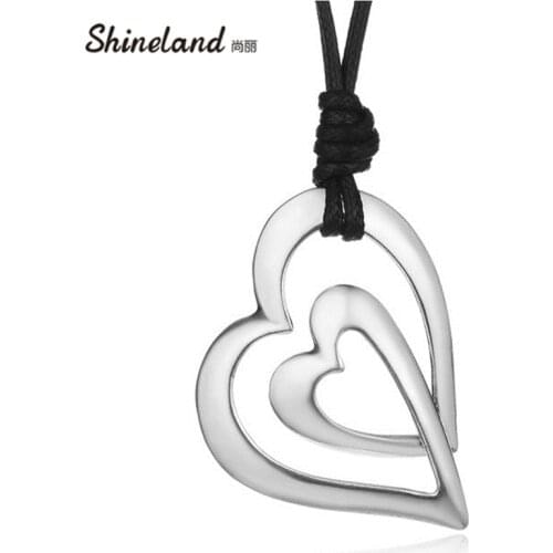 Shineland Trendy 3 Style Love Heart PU Leather Chain Vintage Antique Trendy Drawing Long Necklace Statement Women Jewelry