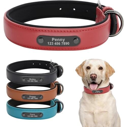Personalized Leather Dog Collar Custom Real Leather Dog Necklace Free Engraved Pet Collars With Nameplate Soft Padded Dog Collar