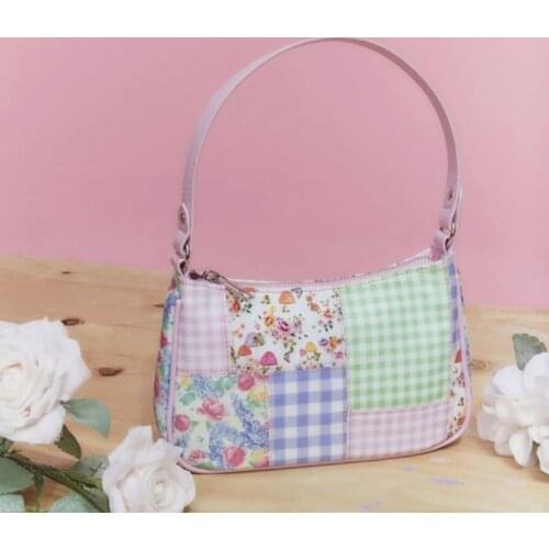 Stitching Floral Plaid Womens Small Shoulder Bags Retro Sweet Girls Hobos Armpit Bag Purse Handbags Vintage Female Underarm Bag