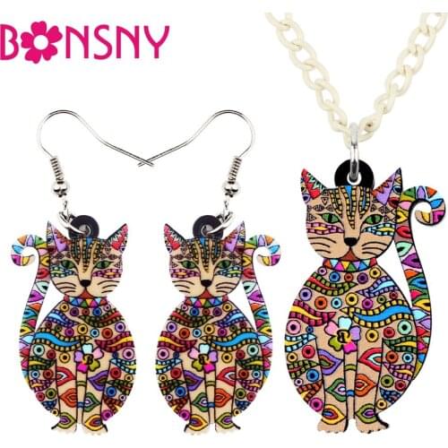 Bonsny Statement Acrylic Floral Cat Kitten Earrings Necklace Collar Novelty Animal Jewelry Sets For Women Girls Teen Gift Bijoux