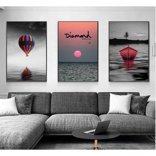 Modern Hot Air Balloon Sunset Boat Picture Poster Canvas Print Painting Wall Art Living Room Home Decoration