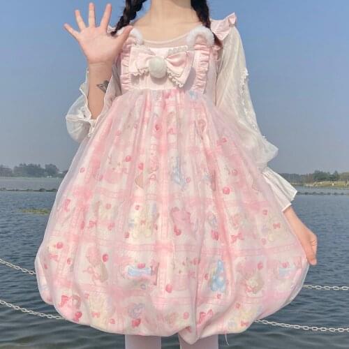 Japanese Sweet Kawaii Tomato Meow Lolita Flower Bud Dress Sugar Rolling Printing JSK dress Lace Princess Tea Party Dresses