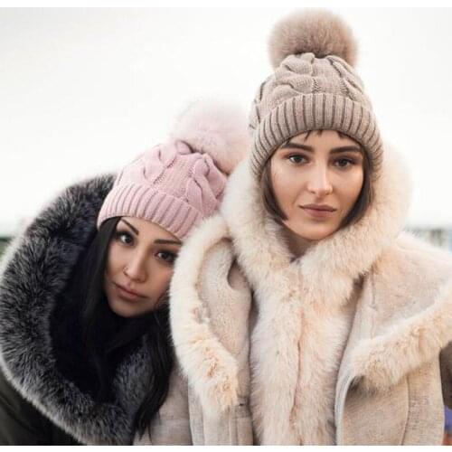 2021 Women Warm Thick Knitted Beanie Hats Chapeau Femme Beanies Bonnet Fur Ball Hat Cap Gorras Para Mujer Casquette Gorro Gorros