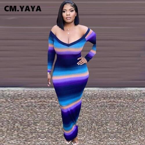 CM.YAYA Women Long Dress Print Off Shoulder Stretchy Bodycon Maxi Vestidos Female Fashion Elegance Dresses Autumn Outfits 2021