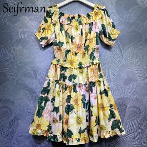 Seifrmann New 2021 Summer Women Fashion Designer Cotton Dress Sexy Slash neck Ruffles Elastic Waist Floral Print Ladies Dress