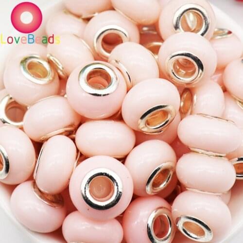 10 Pcs Pink Color Resin Muranos Charms Big Hole Round Loose Beads Charms Fit Pandora Bracelet Snake Chain Spacer Charms Jewelry