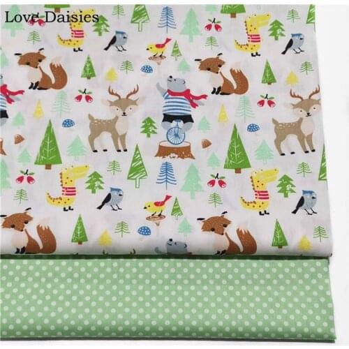 100% Cotton Twill GREEN BLUE WHITE Green Bear Deer Fox Trees Dots Fabrics For Kids Bedding Cushion Sheet Doll Apparel Craft