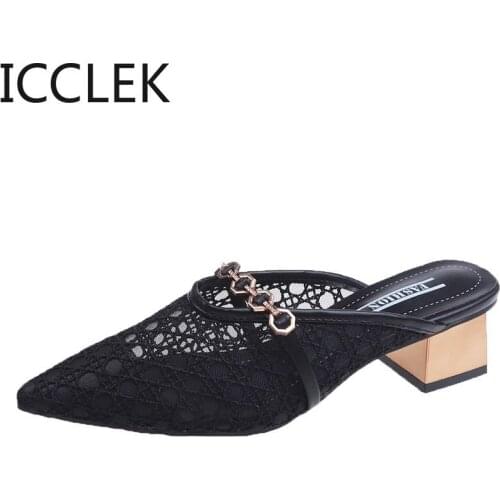 2020 Women Slippers Mules Shoes Woman Square High Heels Point Toe Dots Silk Breathable Sexy Elegant Work Career Pumps A080