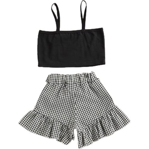 Citgeett Summer Kids Baby Girls Fashion 2-piece Outfit Set Sleeveless Strap Tops+Plaid Shorts Set Clothes