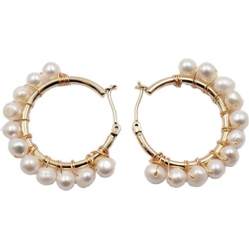 GuaiGuai Jewelry Handmade 25MM Natural White Pearl Yellow Golden Circle Dangle Stud Earrings Handmade For Women