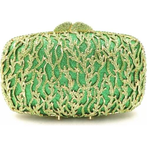 Fashion Green Color Crystal Seaweed Clutch Purse Gold Metal Evening Bags Clutches Women Party Handbag Chain Shoulder Diamond Bag