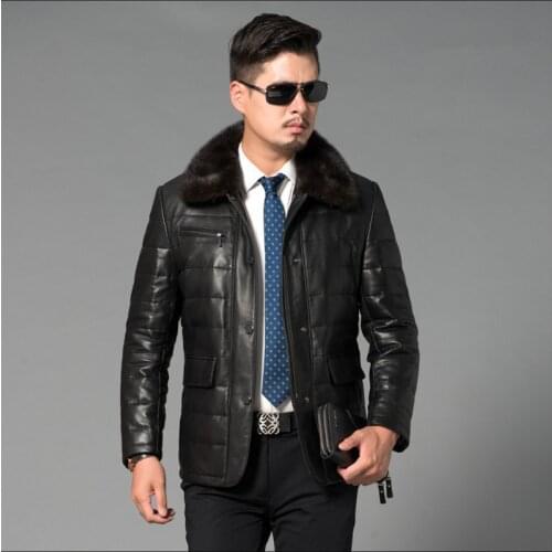 Luxury Genunie Jackets Parka Mink Fur Collar Real Sheepskin Leather Jacket Men Clothing Plus Size 4XL FYY583
