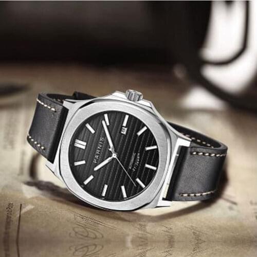 Dress PARNIS Brand High Quality Black Dial Automatic Mens Watch Sapphire Crystal Auto Date 44mm Self Winding Watch
