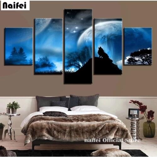 5D Diy Full Square Round Diamond Painting 5 Pcs Moon Night Wolf Howl Cross Stitch Kit Embroidery Animals Mosaic Wall Art Decor