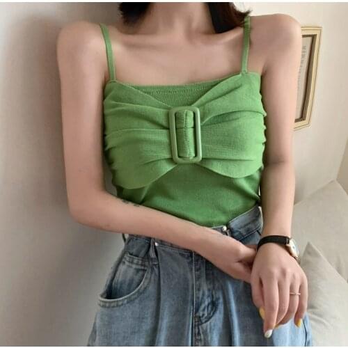 Solid Knit Cropped Camisole Top Girls Summer Slim Stretchy Knitted Solid Chic Tanks Crop Tops Female Real Photos