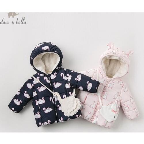 DB11950 dave bella winter baby girls cute hooded cartoon coat children tops fashion infant toddler outerwear with small bag