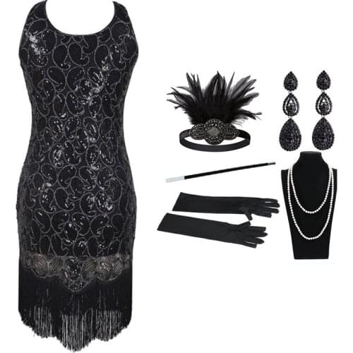 Sequined dress sequined beaded fringe dress 1920 vintage party dress and headpiece gloves five-piece