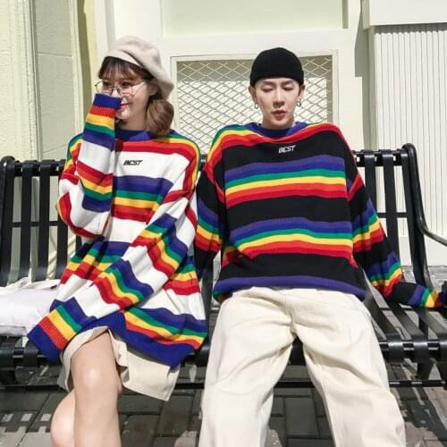 Sweater Men Rainbow Striped Hit Color Mens Pullover Loose High Street Sweaters Fashion Knitted Male Couple Sweaters Streetwear