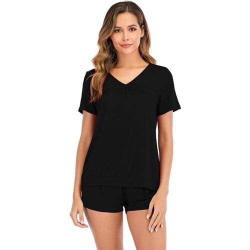 Women Summer Sleepwear Short Pajama Sets V-Neck Short Sleeve Tops Shorts Solid Pajamas Set Nightwear Loungewear Bedroom Set