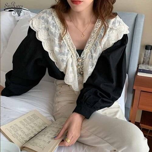 Korean Fashion Loose Lace Blouse Vintage Shirt Elegant Lantern Sleeve Ruffle Blouse Women V-neck Women Tops Blusas Mujer 16962