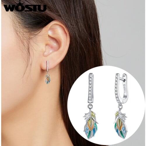 WOSTU Silver Geometric Feather Theme Ear Buckles 925 Sterling silver Simple Double-button Earrings Women Fine Jewelry BNE485