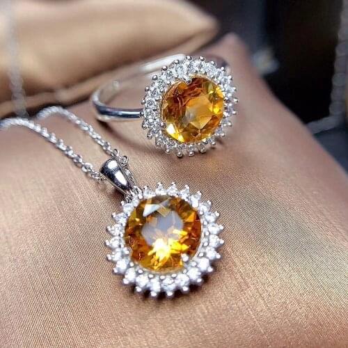 Fashion crystal citrine gemstones diamonds pendant necklaces rings jewelry sets for women white gold silver color party gifts