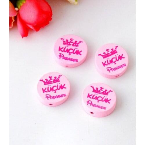 Free shipping 20pcs Pink Color Cute Round Wood Beads Print 'PRENS CROWN' 20mm Dia