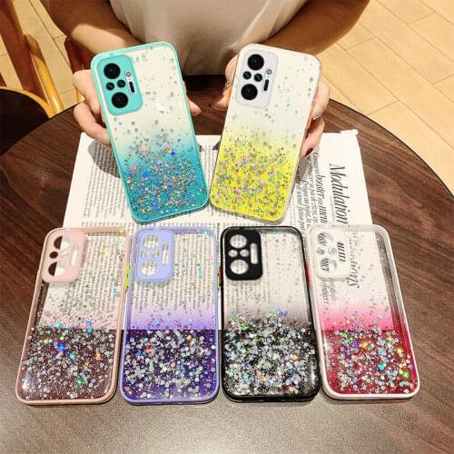 Glitter Stars Sequins Clear Frame Case For Xiaomi Redmi Note 10 9 8 Pro 9T 9A 9C Mi 11 Poco F3 X3 NFC M3 Bling Back Phone Cover