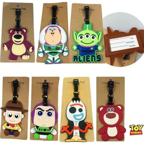 Action Toy Story 4 Forky Luggage Tag Pvc Travel Package Label Tags Buzz Lightyear Woody And Lotso Toys For Children Suitcase Tag