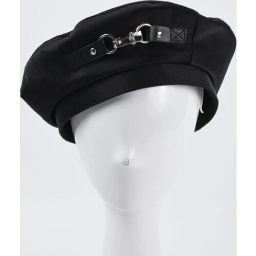 QPALCR New Hat Women Black Satin Punk Metal Buckle Beret Hats For Women British Retro Painter Cap Fashion Male Simplicity Caps