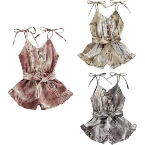 FOCUSNORM 1-6Y Summer Fashion Kids Girls Jumpsuits Tie-Dye Printed Strapless Single Breasted Bow Belt Rompers 3 Color